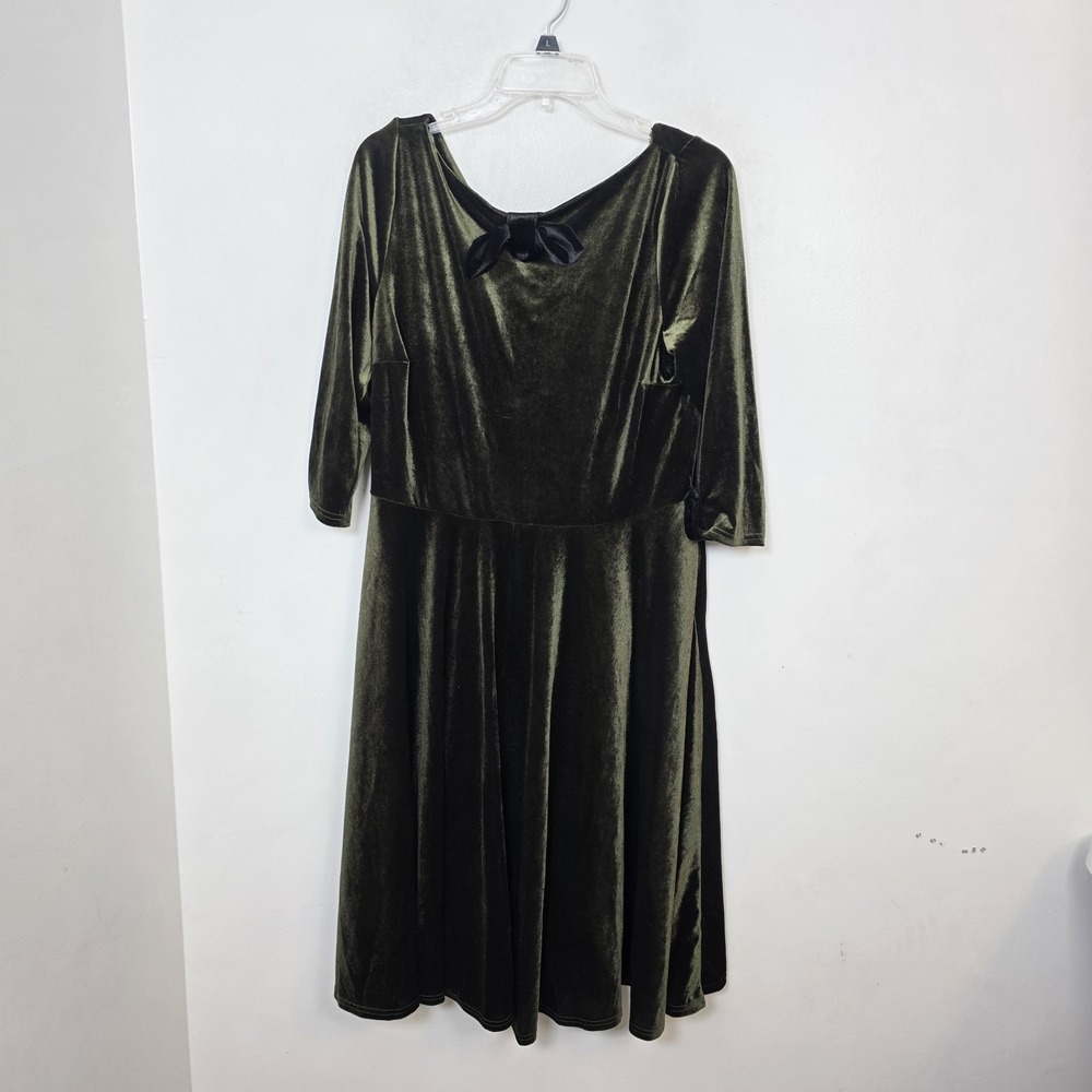 Unique Vintage Green Velvet Bow Devin 3/4 Sleeve Pin Up Swing Midi Dress XL - Picture 3 of 13
